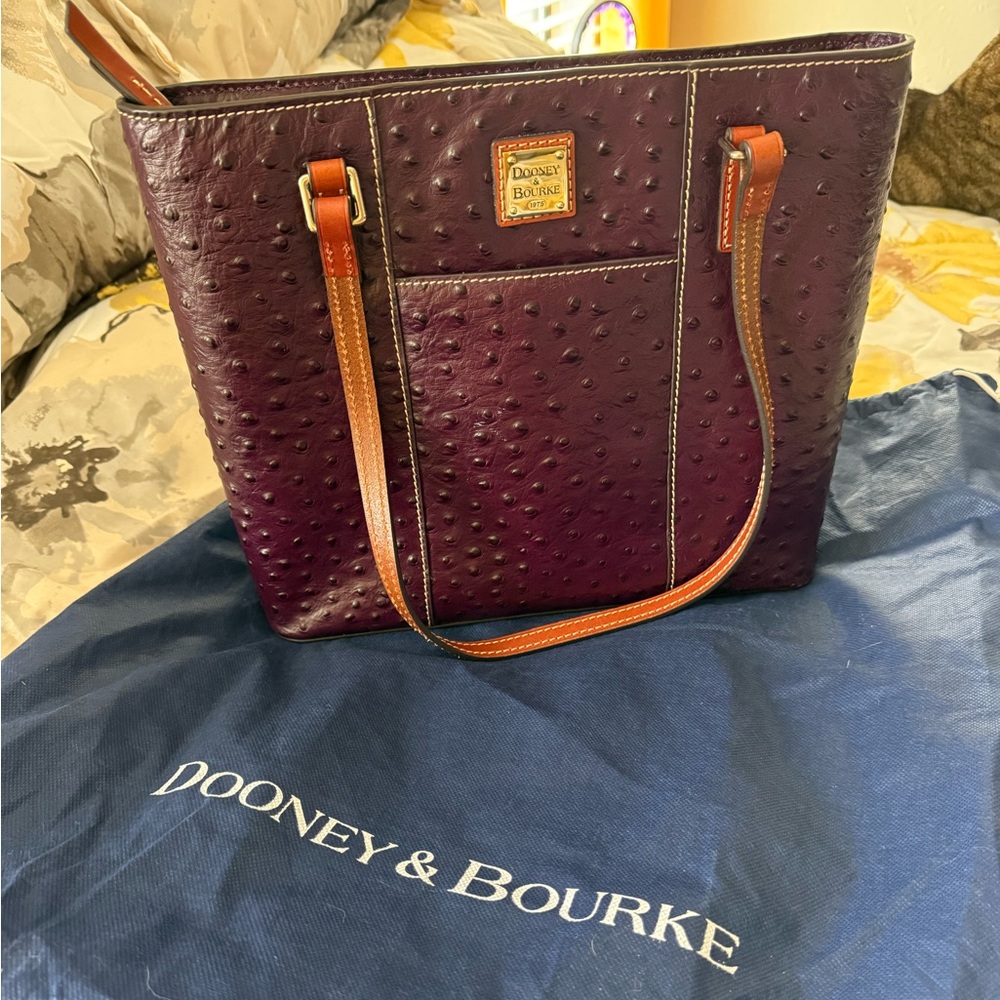 Dooney & Bourke Plum Ostrich-Embossed Tote with Brown Leather Handles - Picture 9 of 16